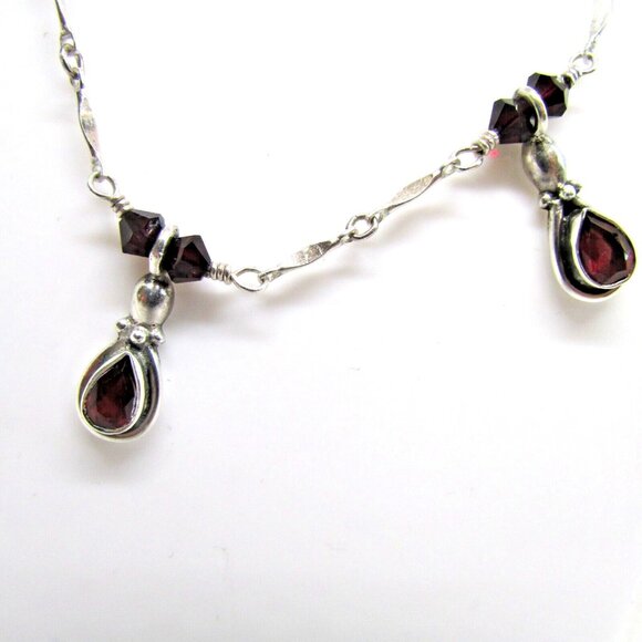 Vintage Sterling Silver 16.5" Tear Shape Garnet & Red Crystals Station Necklace - Picture 5 of 12